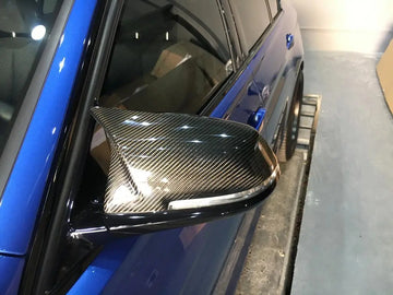 F30 F32 F22 F87 Carbon Fiber M Style Mirror Caps installed on blue f30